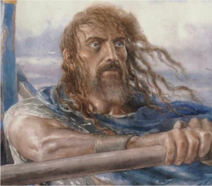 Painting of Odisseus rowing his boat.