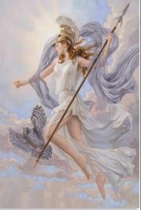 A painting of Athena with her owl and her spear.